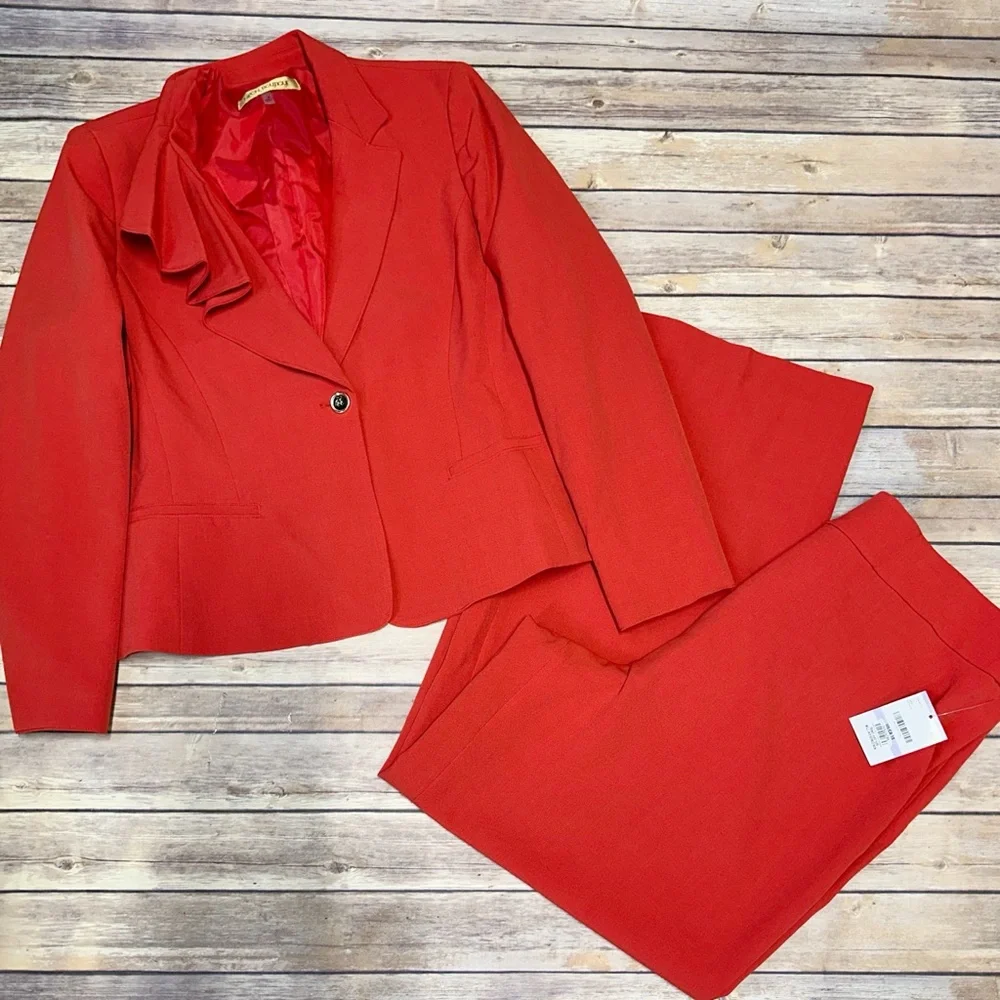 Nipon Boutique Asymmetrical Ruffled One-Button Jacket & Wide-Leg Pant Suit 18